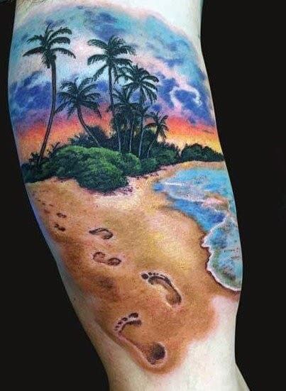 a beach scene with footprints in the sand and palm trees at sunset on this arm