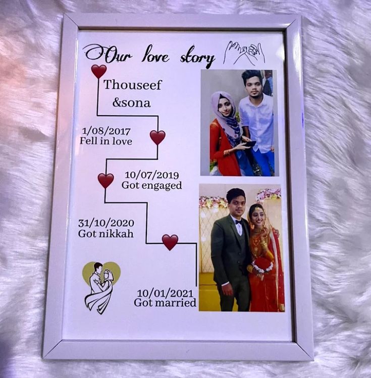 a couple's love story is displayed in a white frame