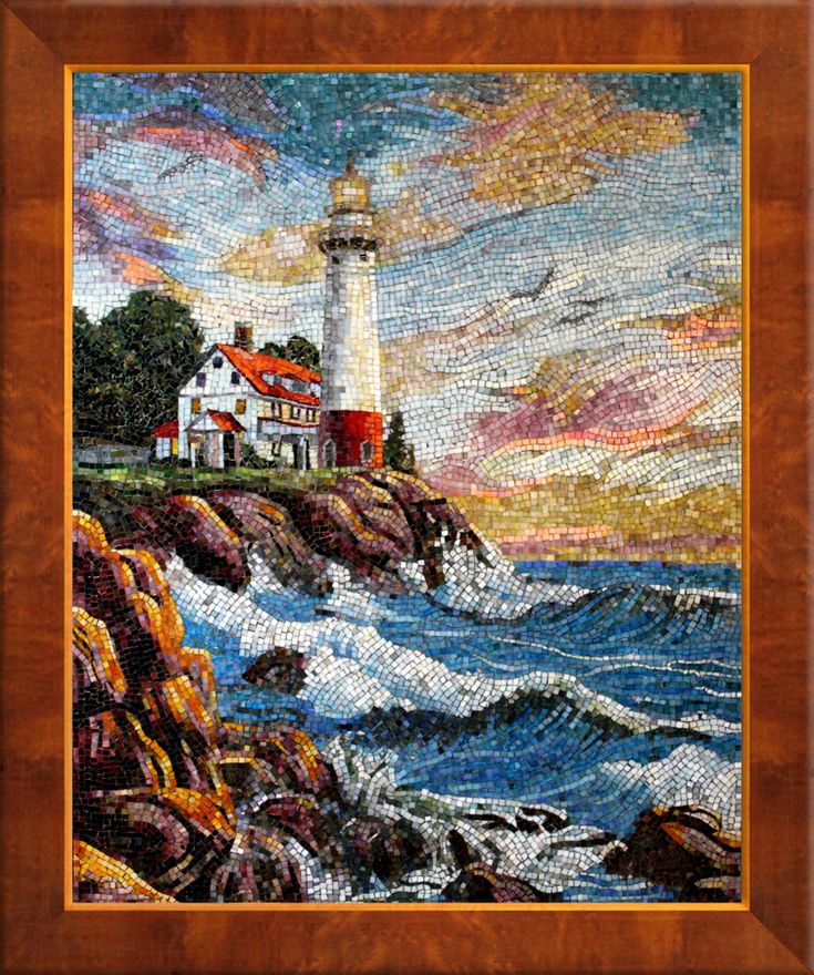 the lighthouse is shown in this mosaic art piece, which features waves crashing against it