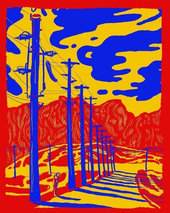 an image of power lines and telephone poles in red, blue, yellow and orange