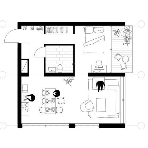 the floor plan for a small apartment with one bedroom and living room, as well as an office