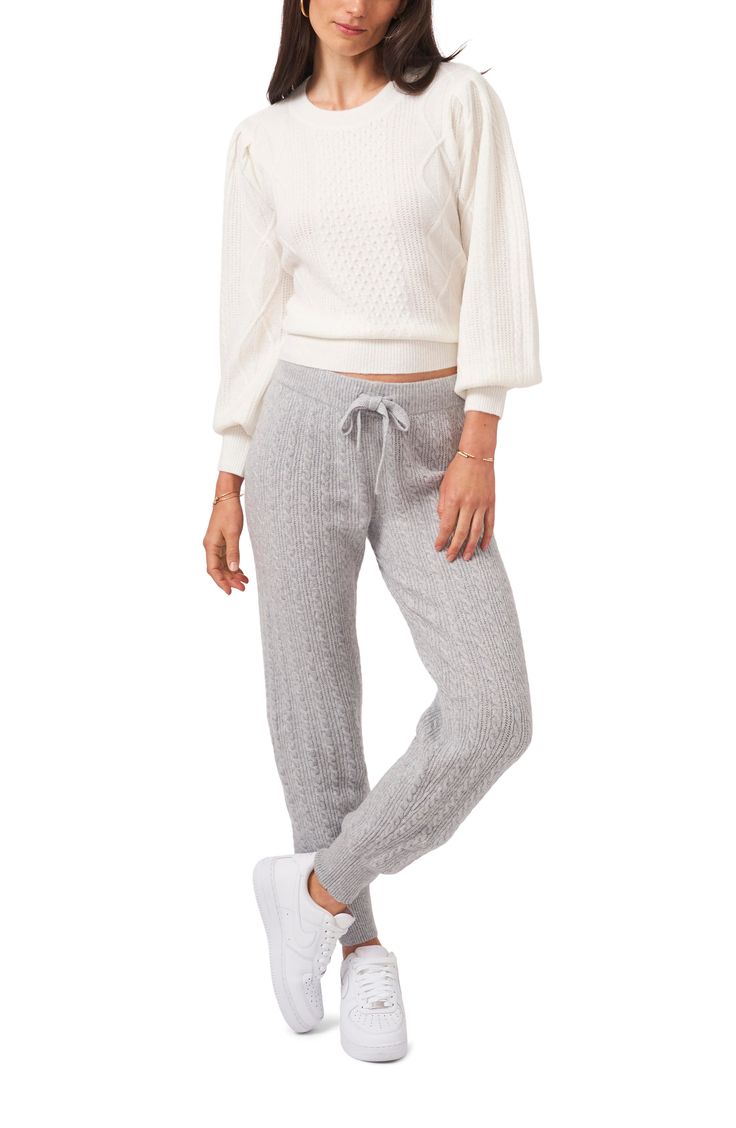 A supersoft cable knit elevates a pair of joggers that are comfy enough for lounging and stylish enough for a coffee date with friends. 27" inseam; 7" leg opening; 10" front rise; 13 1/2" back rise (size X-Large) Elastic/drawstring waist 55% cotton, 26% polyester, 11% nylon, 5% merino wool, 3% spandex Hand wash, dry flat Imported Women's Clothing Cable Knit Bottoms For Fall Loungewear, Cozy Winter Joggers, Cozy Cable Knit Bottoms For Loungewear, Cozy Cable Knit Bottoms, Cozy Cable Knit Loungewear Bottoms, Cable Knit Loungewear Bottoms, Gray Ankle-length Loungewear Bottoms, Gray Moisture-wicking Athleisure Joggers, Gray Moisture-wicking Joggers For Sports