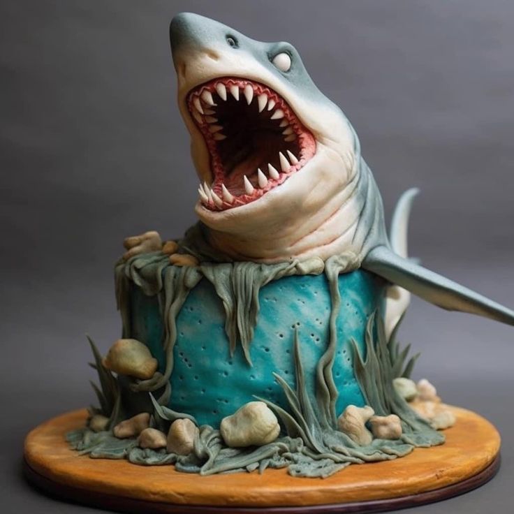 a shark cake with its mouth wide open