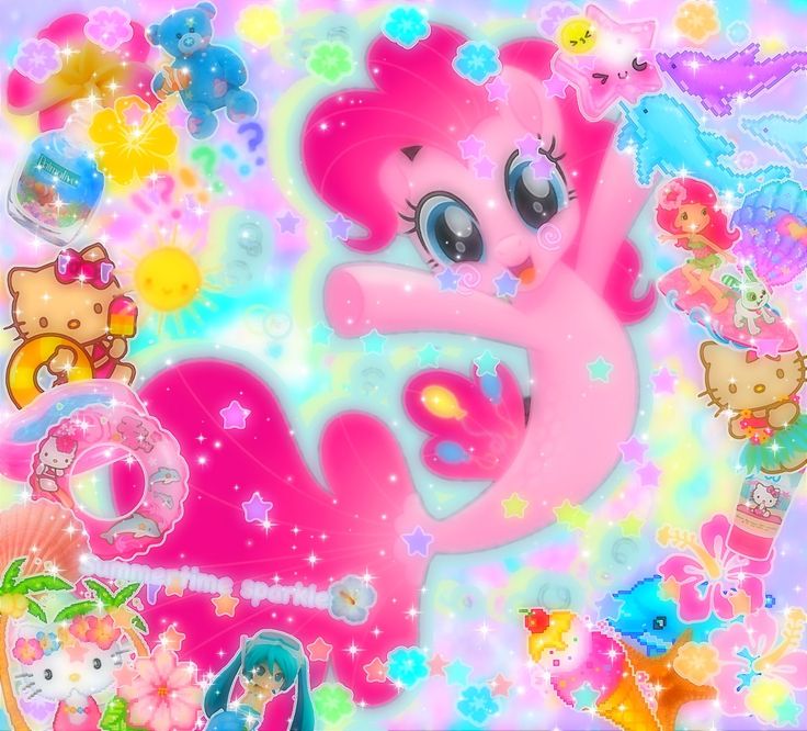 an image of a pink pony surrounded by other animals and stars on a blue background