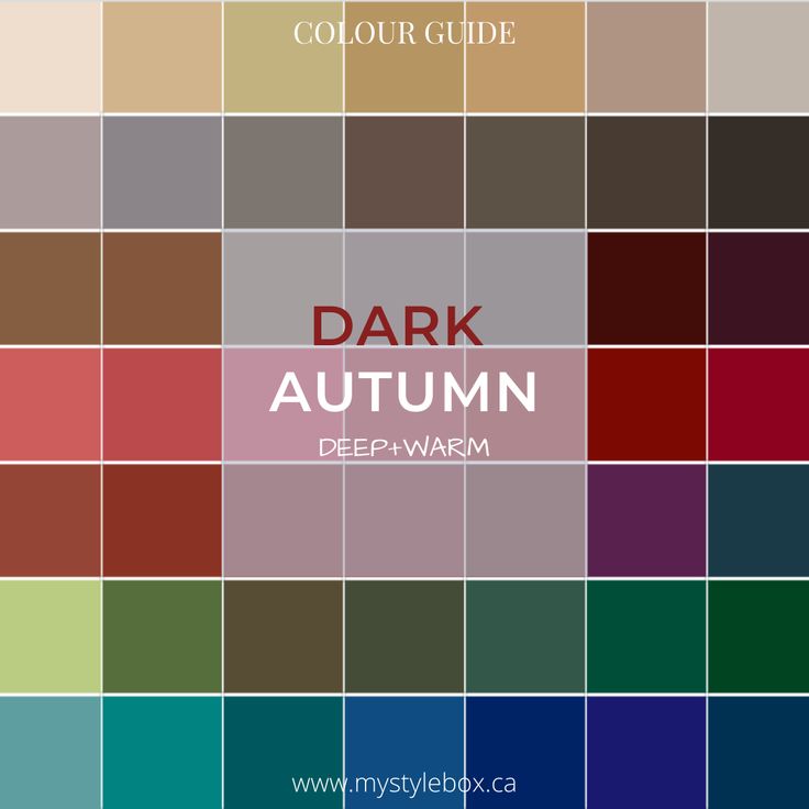 the color guide for dark autumn is shown in shades of red, orange and green