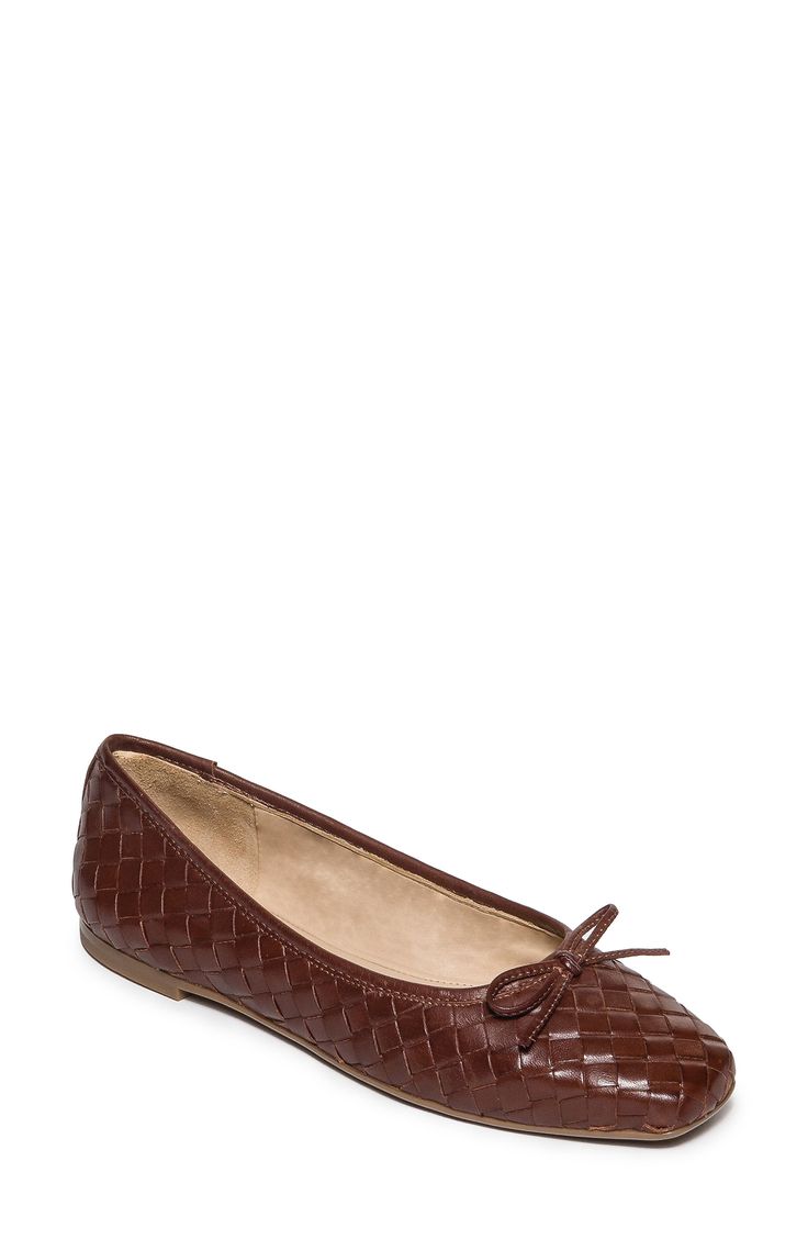 A cushioned footbed lends extra comfort to this everyday ballet flat crafted from woven leather. Cushioned footbed Leather upper, lining and sole Made in Brazil Almond Toe Flats With Woven Sole For Fall, Casual Woven Leather Ballet Flats With Round Toe, Leather Flats With Woven Sole For Fall, Woven Leather Flats, Casual Brown Woven Leather Flats, Woven Leather Ballet Flats With Closed Toe, Casual Woven Leather Ballet Flats, Woven Leather Closed Toe Ballet Flats, Brown Synthetic Flats With Textured Sole