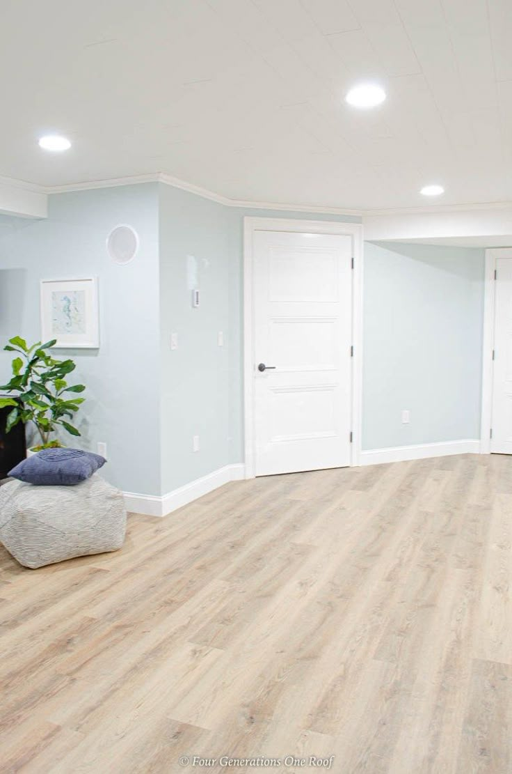 an empty room with light blue walls and wood flooring in the center is a plant