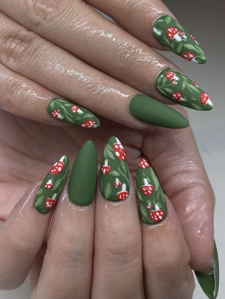 Mushroom Themed Nails, Trippy Mushroom Nails, Shroom Nails, Mushroom Nail Designs, Mushrooms Nails, Nails Cottagecore, Landscape Nails, Plant Nails, Vacation Nail Ideas