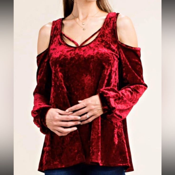 Beautiful Velvet Cold Shoulder Top. Deep Red In Color. Multiple Sizes Red Winter Blouse For Party, Red Winter Party Blouse, Glamorous Red Blouse, Glamorous Red Long Sleeve Top, Womens Boho Tops, Chevron Blouse, Bohemian Tunics, Turquoise Top, Beige Blouse