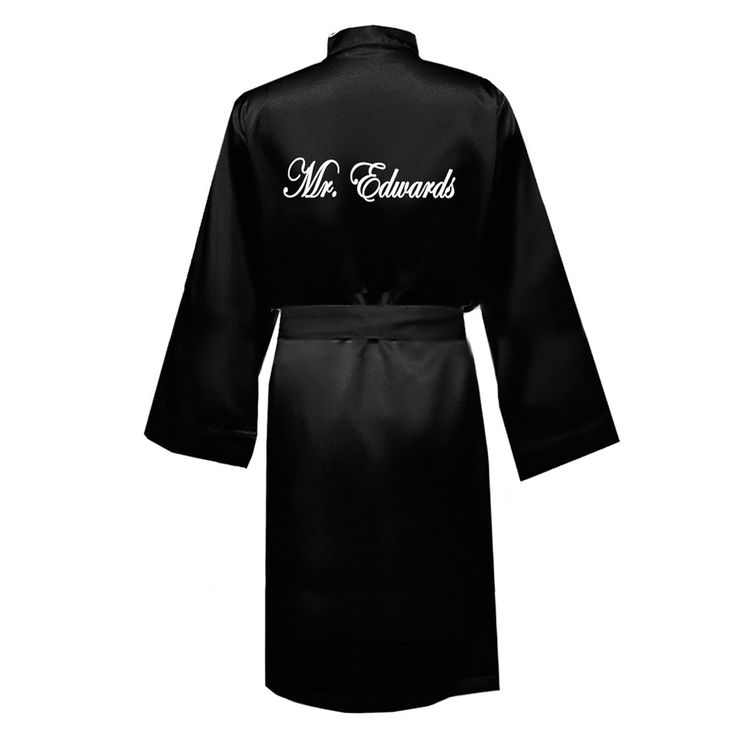 The soon to be Mr. will love his very own custom embroidered satin robe. Our silk-like satin kimono is the ideal gift for any groom to be. Don't forget to order a matching Mrs. robe too...the perfect couples gift. Soft and roomy, Classy Bride's elastic satin kimono style bathrobes are made with 97% polyester and 3% spandex to imitate silk. With two fronts pockets and matching belts, they are perfectly sized to fit most. Available in black with over 50 embroidery thread colors to choose from. The Classy Bride, Bride Personalized, Groom To Be, Custom Robes, Silky Robe, Bridal Dresses Lace, Satin Kimono, Couples Gift, Bridesmaid Robes