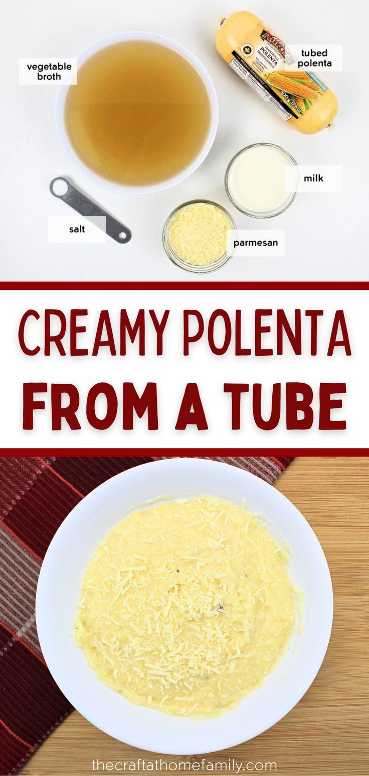 creamy polenta from a tube in a white bowl with ingredients around the bowl