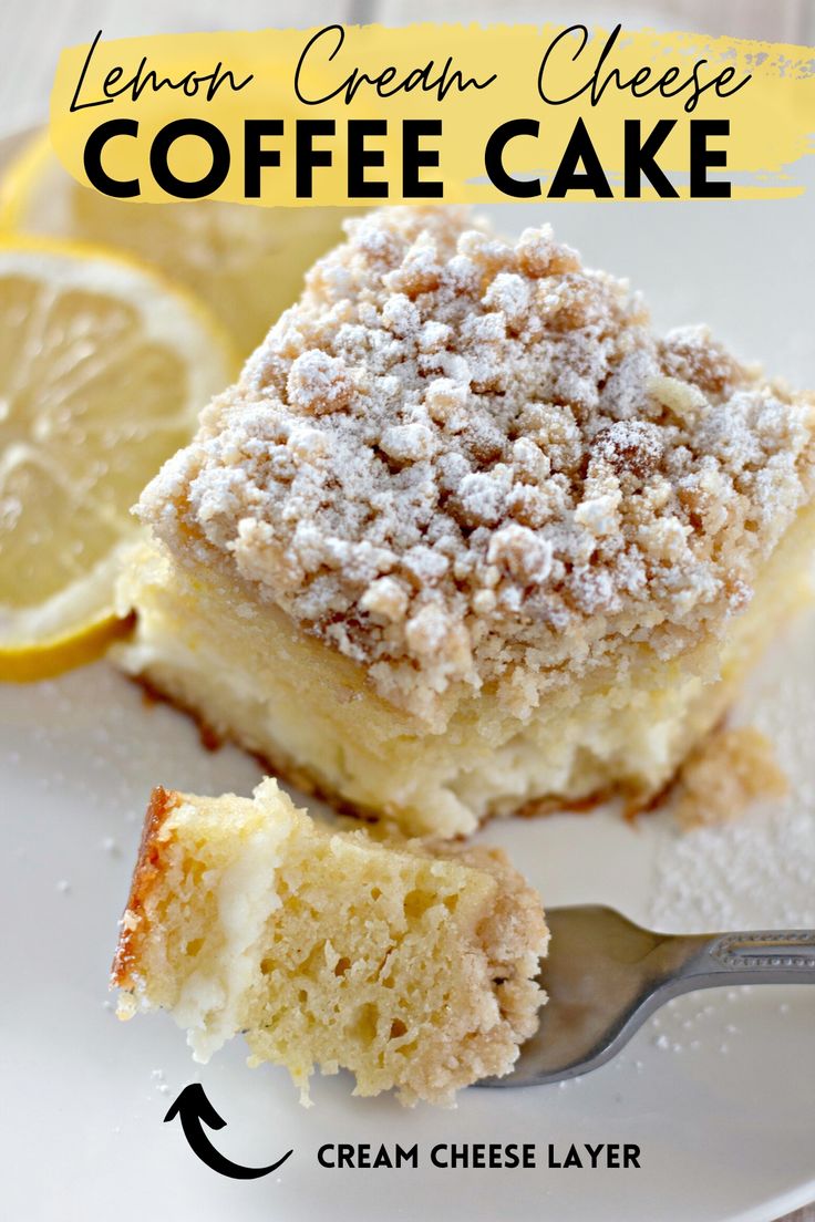 lemon cream cheese coffee cake on a white plate