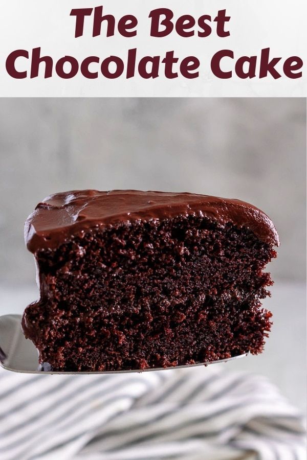 a slice of chocolate cake on a plate with the text overlay reads, the best chocolate cake