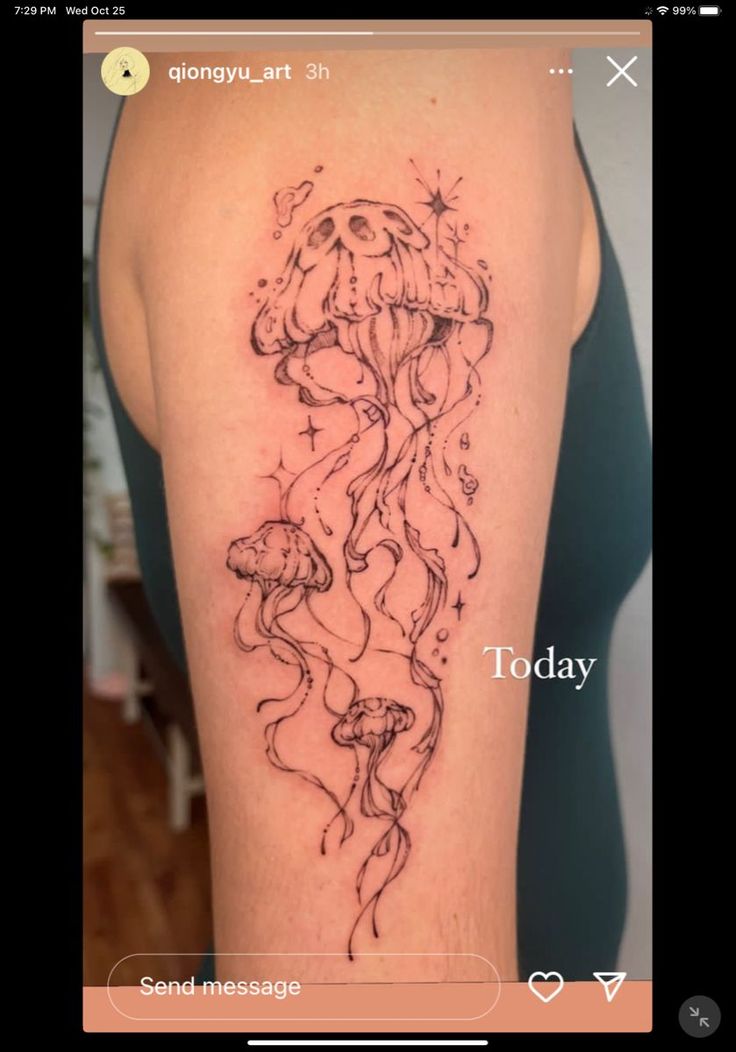 not-given #tattoo #art #jellyfish #tattooed Jellyfish And Koi Fish Tattoo, Jellyfish Tattoo Forearm, Jellyfish Tattoo Meaning, Jellyfish Shoulder Tattoo, Jellyfish Spine Tattoo, Jellyfish Tattoo Thigh, Jellyfish Flower Tattoo, Floral Jellyfish Tattoo, Fish Sleeve Tattoo