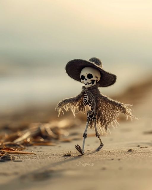 a skeleton in a hat and dress walking on the beach