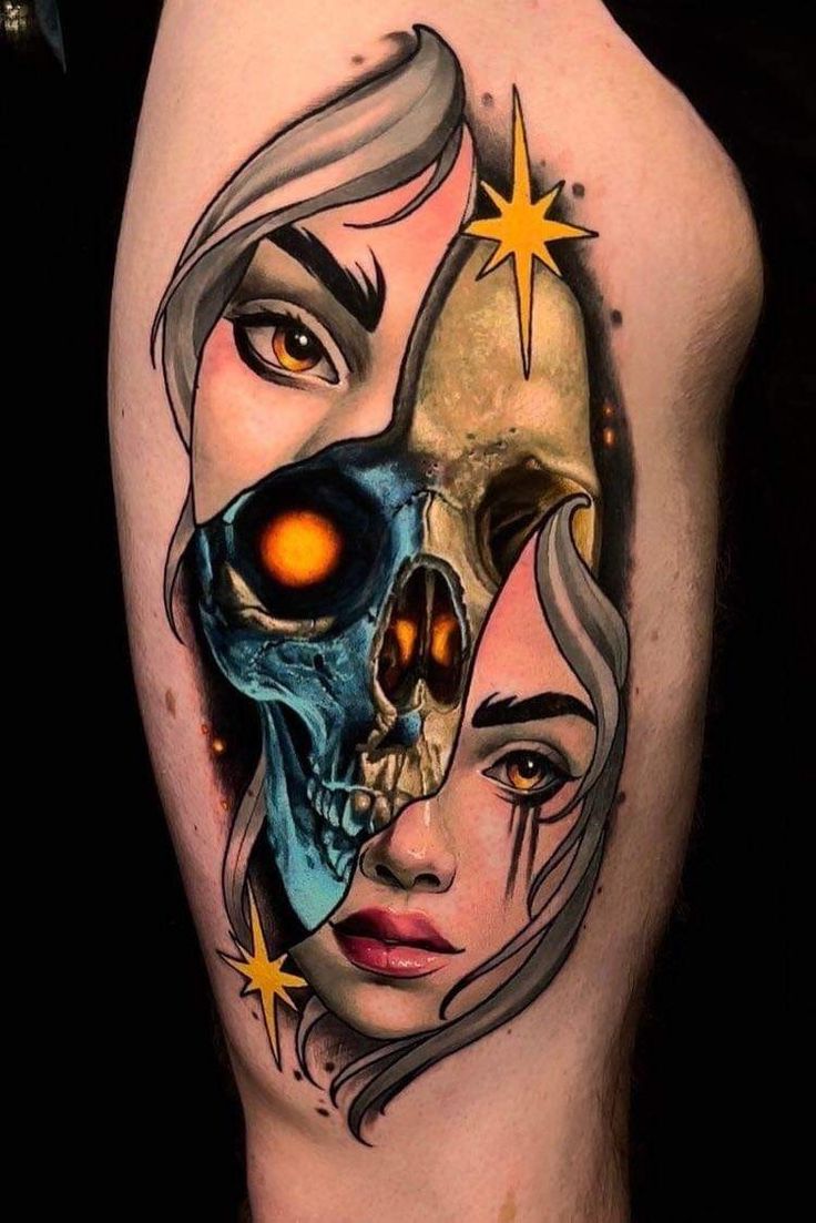 a woman's thigh with a skull and stars on it