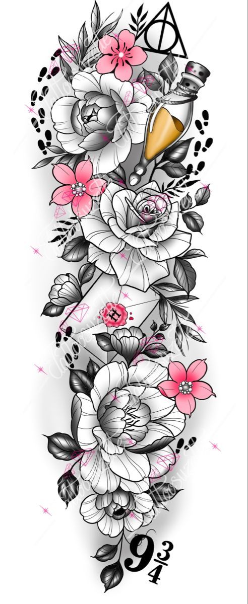 an arm tattoo with flowers on it