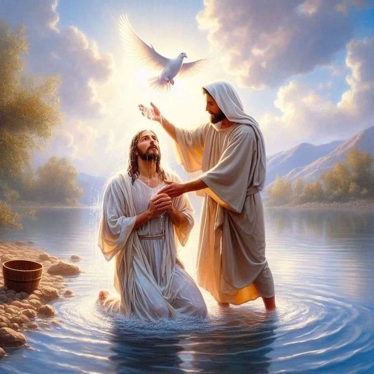 jesus washing the feet of a man in water with a dove flying above his head