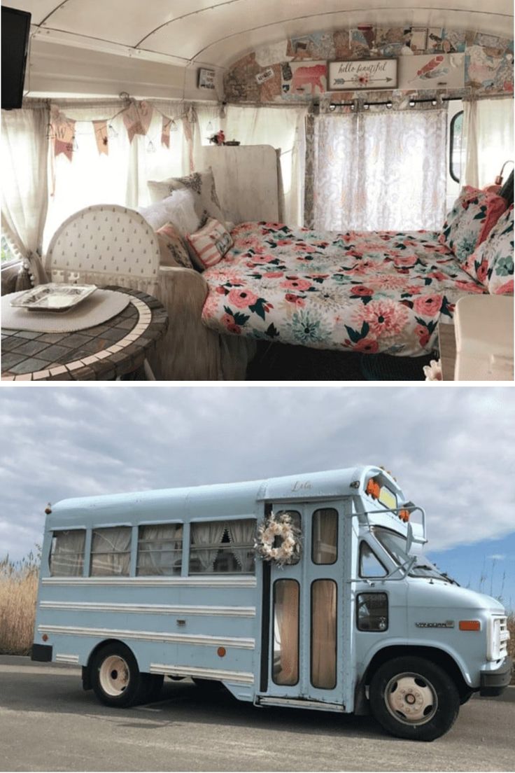 the interior and exterior of an rv with flowers on the bedspread, in front of a bed that has been turned into a couch