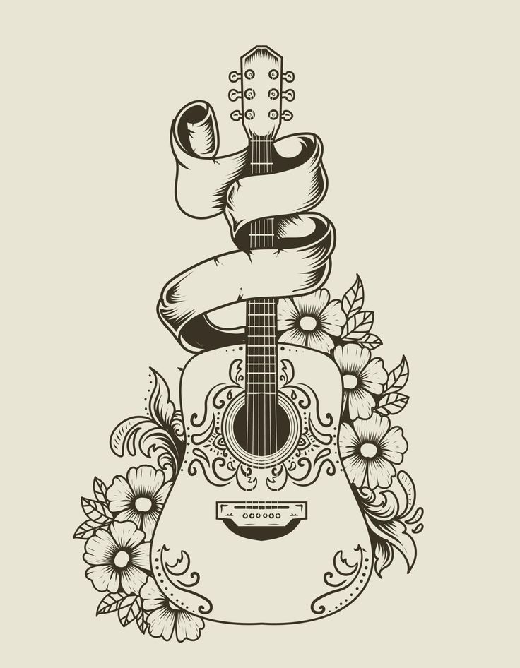 an acoustic guitar with flowers and ribbon on it's neck, in black and white