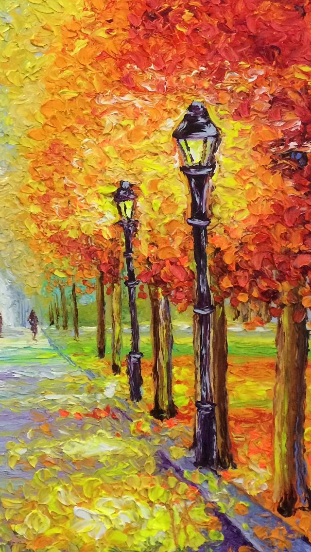 an oil painting of a park with trees and street lights in the fall colors,