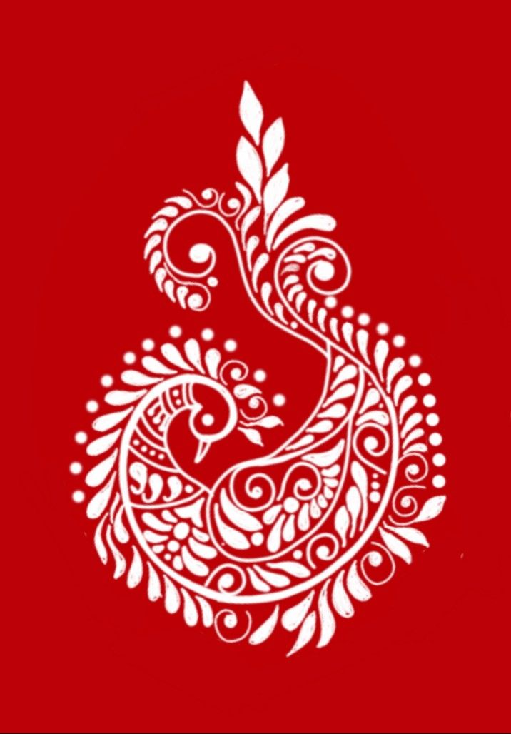 a red background with white designs on the bottom half of it and an image of a bird in the middle