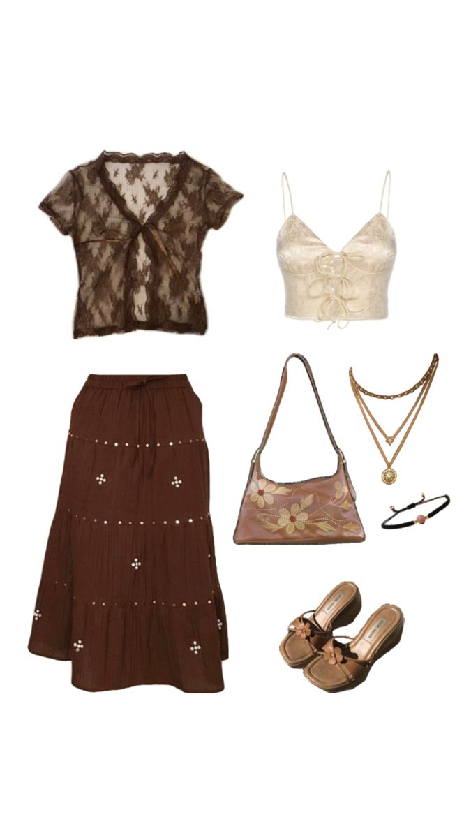 Monochrome outfit inspo, brown skirt and lace top 🤎 Brown Skirt Outfit Ideas, Lace Skirt Outfit, Outfit Inspo Brown, Monochrome Outfit, Brown Skirt, Brown Skirts, Skirt Outfit, Fit Inspo, Crochet Ideas