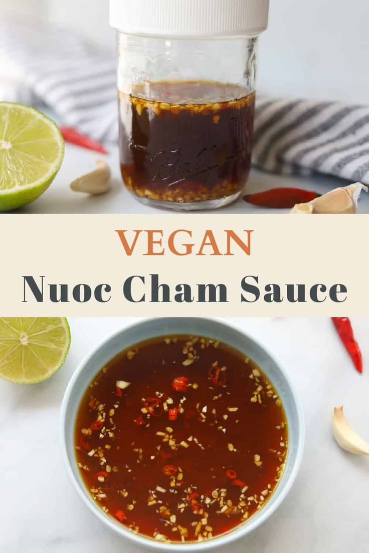 vegan nuoc cham sauce in a bowl with limes and chili on the side