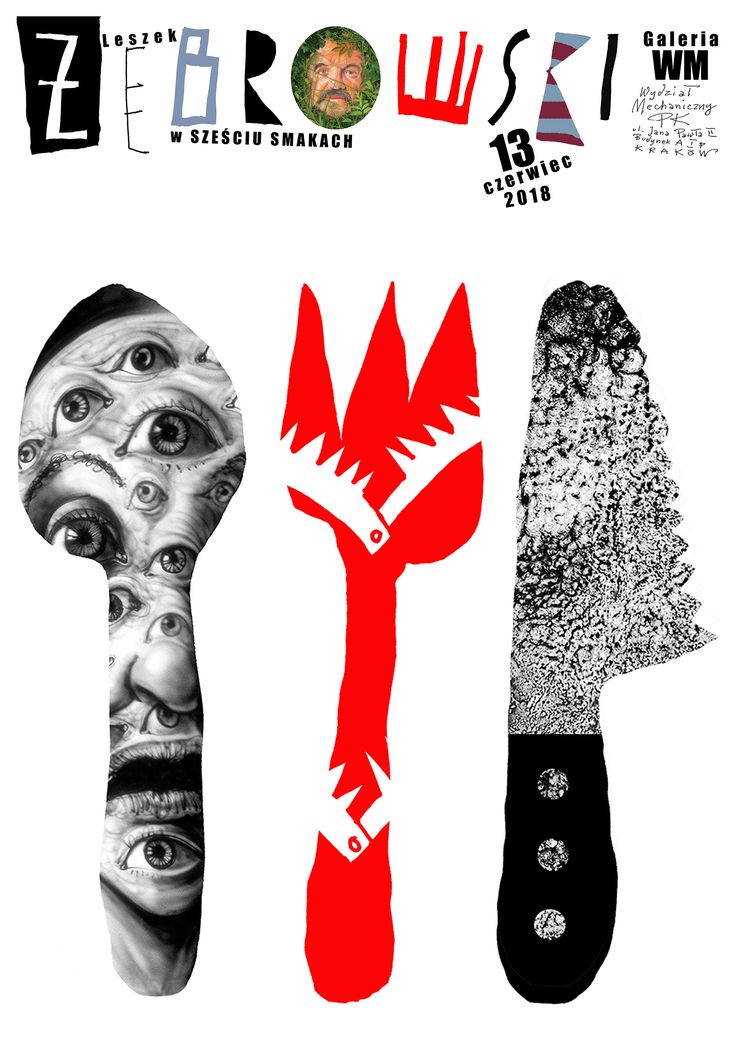 a poster with three different faces, one is holding a fork and the other has a knife