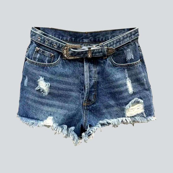 Make a statement in our distressed denim shorts with belt from the 2023 Summer Collection! The perfect blend of rock-n-roll trend and retro allure. these medium-waist shorts are designed to flaunt your summer confidence. Whether you're headed to a summer soiree or a cozy gathering. let this traditional piece be your companion!Distinctive Features: Grunge Style: Showcase your modern-forward individualism with these distressed denim shorts. Straight Fit: Slip into comfort and vibe with this establ Belted Medium Wash Bottoms For Summer, Trendy Cutoff Shorts With Belt Loops, Casual Belted Jeans For Summer, Belted Denim Bottoms For Summer, Summer Denim Belted Bottoms, Chic Cutoff Shorts With Belt Loops, Trendy Short Jean Shorts With Belt Loops, Summer Denim Belted Jeans, Chic Cutoff Jean Shorts With Belt Loops