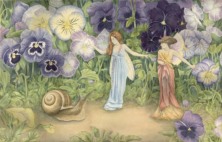 two women are standing in the middle of flowers and one is holding hands with a snail