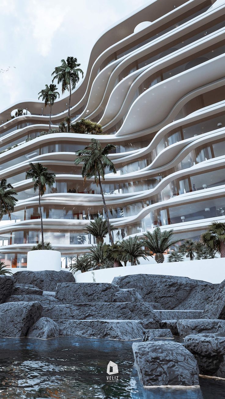 an artist's rendering of a futuristic building with palm trees in the foreground