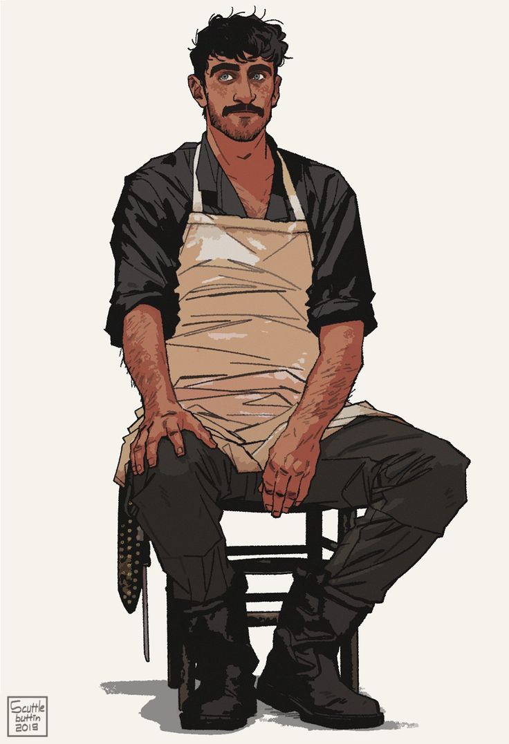 a man sitting on top of a chair wearing an apron