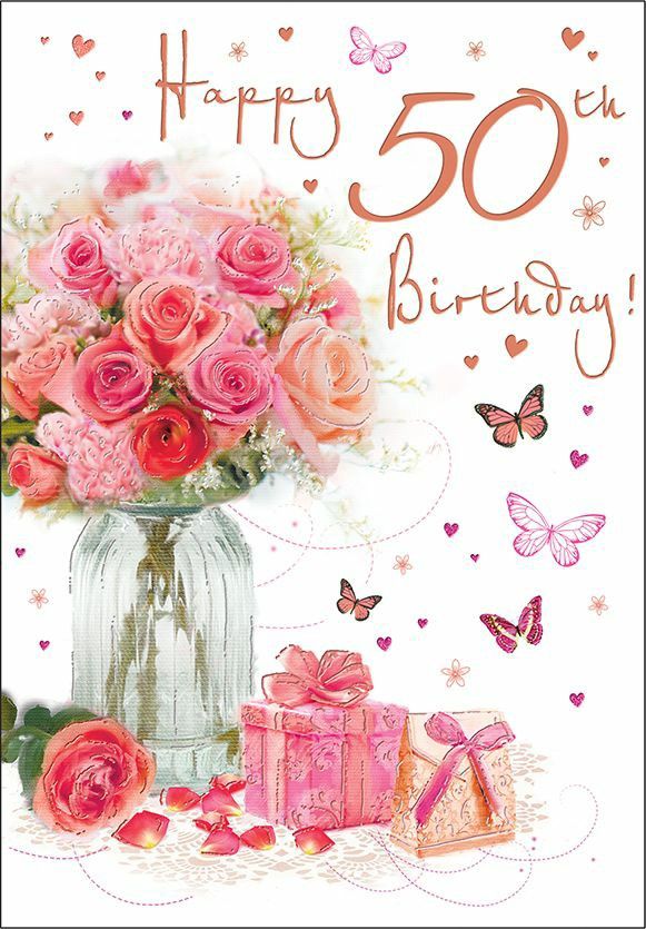 a birthday card with pink roses in a vase