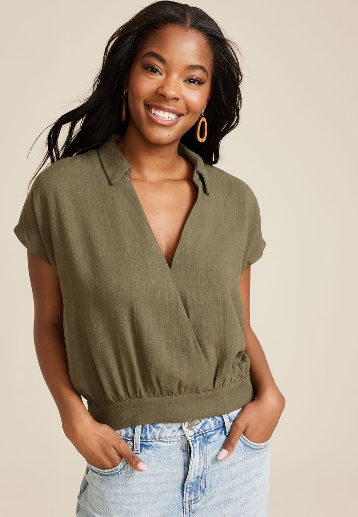 Dolman Surplice Blouse - Materials & Care:imported - 85% rayon 15% linen - machine wash Chic Linen V-neck Top, Green Viscose Top For Vacation, Green Viscose Tops For Vacation, Versatile Rayon Tops For Vacation, Versatile Rayon Beach Top, Versatile Linen Tops For Vacation, Green Relaxed Fit Viscose Tops, Versatile Rayon Tops For Beach, Versatile Rayon Tops For The Beach