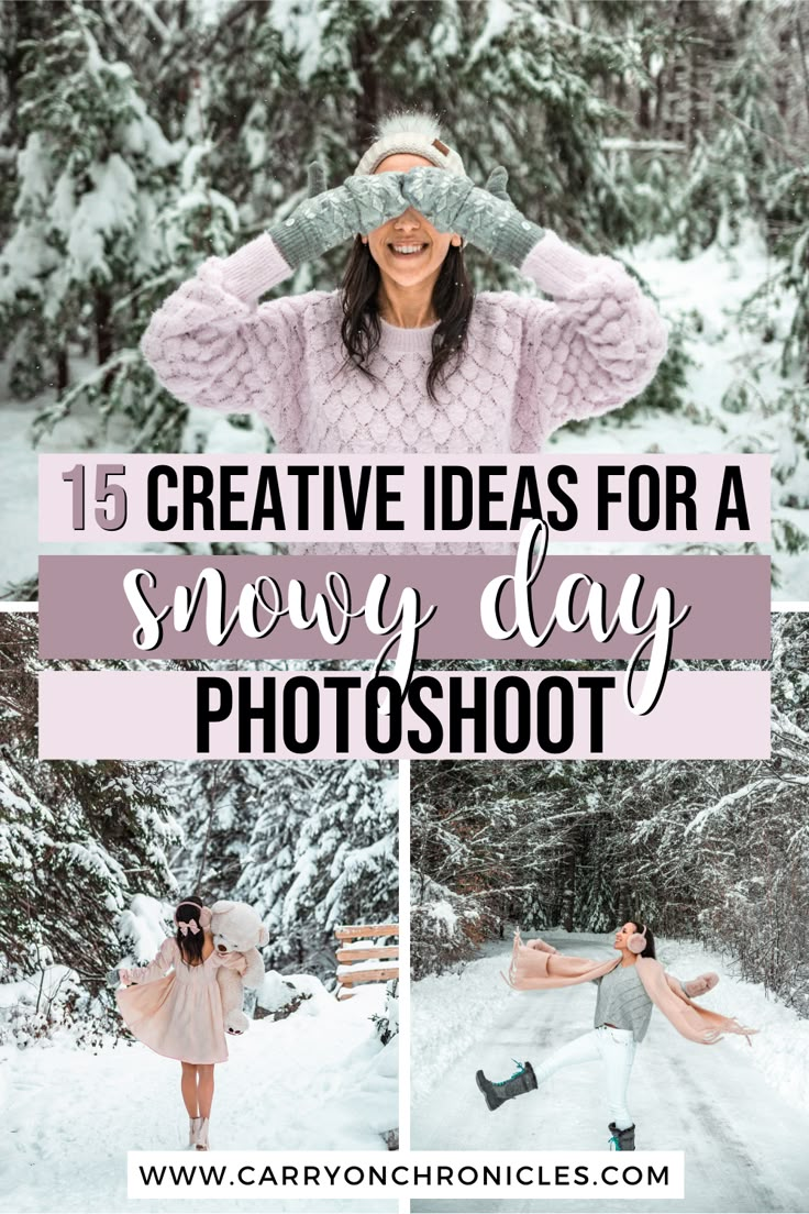 three photos with the words creative ideas for a snowy day photo shoot