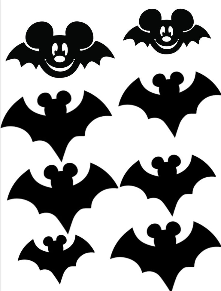 mickey mouse and other halloween bats with faces in black on the white background, set of four