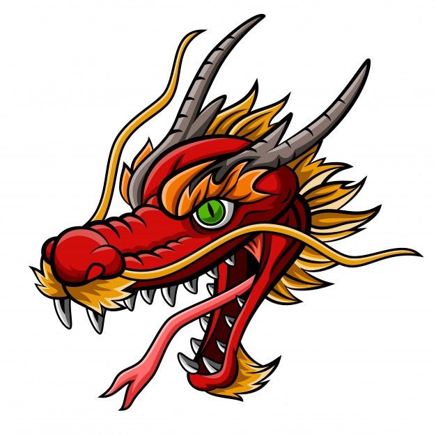 a red dragon head with yellow horns and green eyes