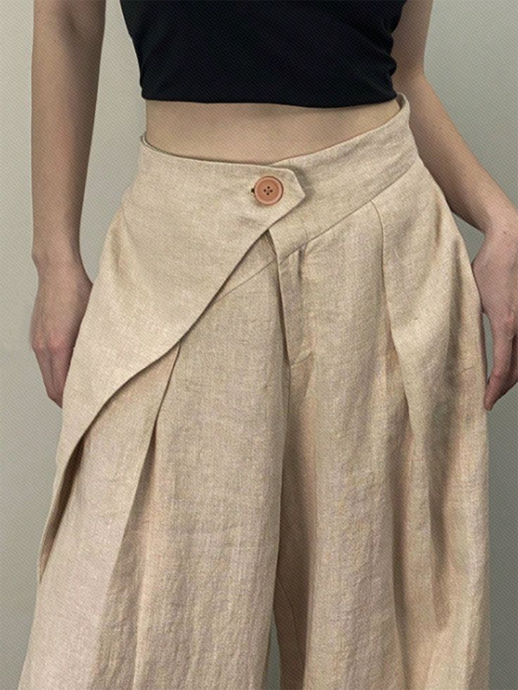 Beige Elegant Collar  Woven Fabric Plain Wide Leg Embellished Non-Stretch  Women Clothing Fitted Linen Pants, Pleated Wide Leg Pants, Linen Blend Pants, Winter Pants, Wide Leg Linen Pants, Pantalon Large, Linen Trousers, Wide Pants, Type Of Pants