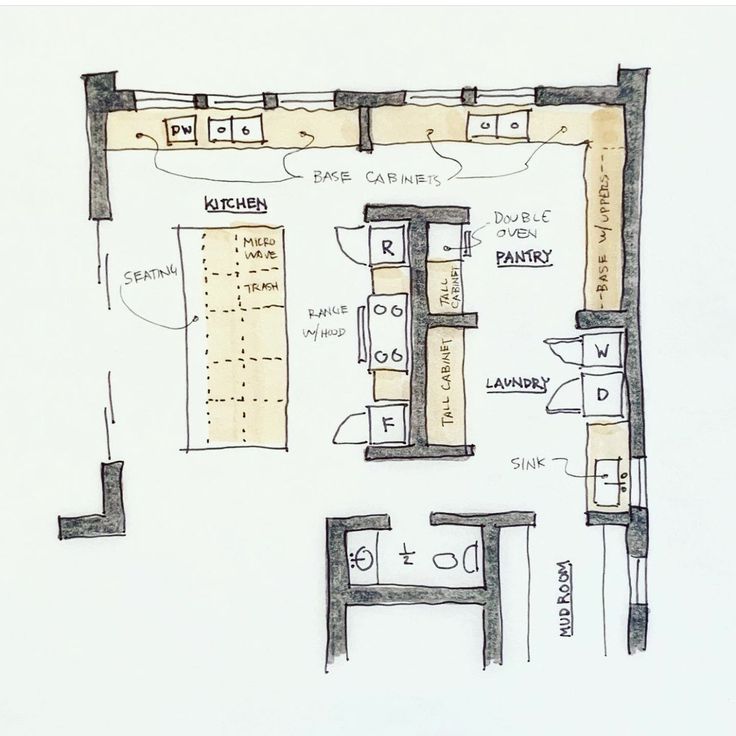 a drawing of a floor plan for a kitchen and living room with an open dining area