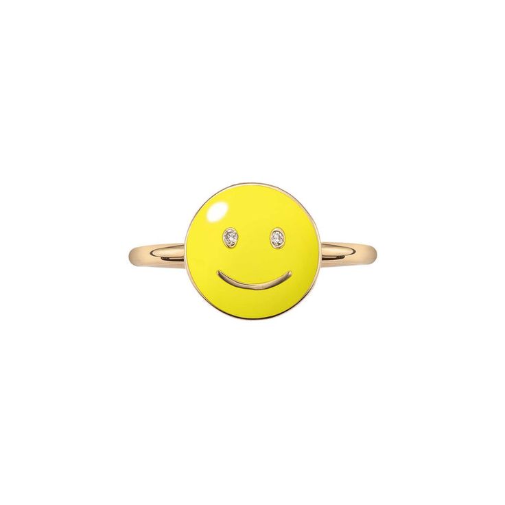 This perfect little pick-me-up exudes optimism even on dark days. Solid 14k yellow gold with hand-applied enamel in your choice of six exuberant colors. Diamond eyes add extra sparkle 9mm diameter Two diamond accents 14k gold This piece is handcrafted to order by master jewelers in New York. Please allow 4-6 weeks prod Baby Smile, Dark Days, Baby Smiles, Diamond Eyes, Just Smile, Pinky Ring, Bubblegum Pink, Black 7, Glow In The Dark