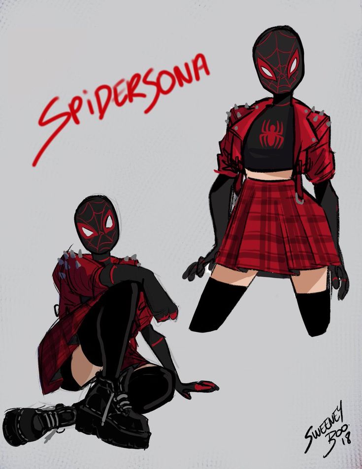 spider - man and girl are dressed up in red plaid skirts, black tops and boots