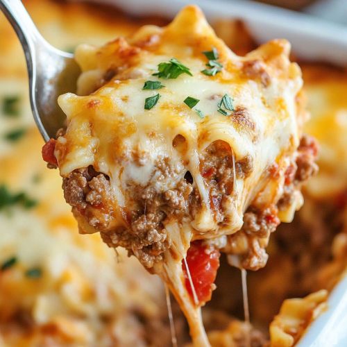 a spoon full of lasagna casserole with meat and cheese