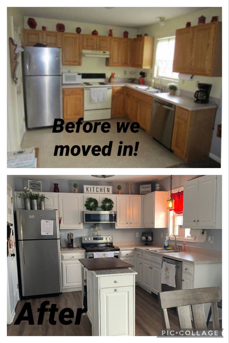 before and after pictures of a kitchen remodel with white cabinets, stainless steel appliances