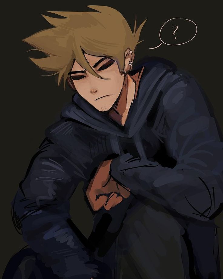 a drawing of a man with blonde hair wearing a hoodie and holding his hands on his chest