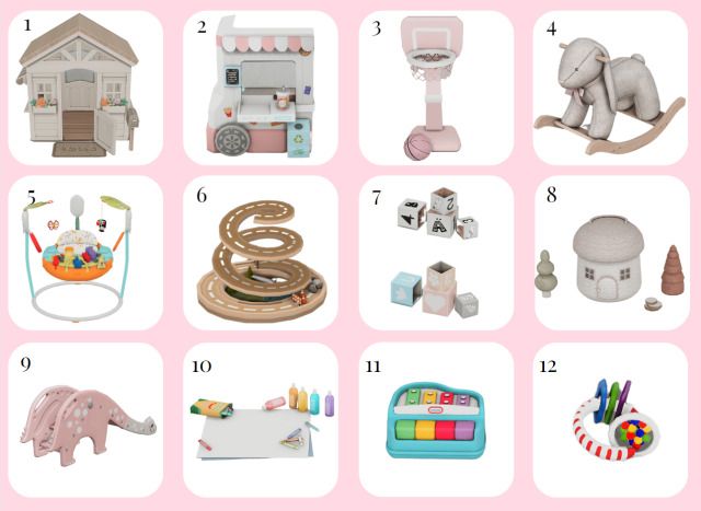 various toys are shown on a pink and white background, including an elephant, toy train, play set, doll house, etc