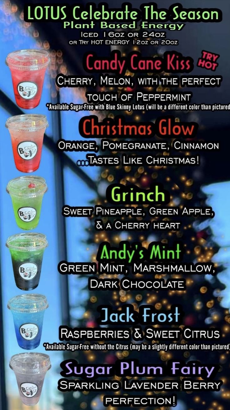 an advertisement for the holiday season with different drinks in cups and names on it,