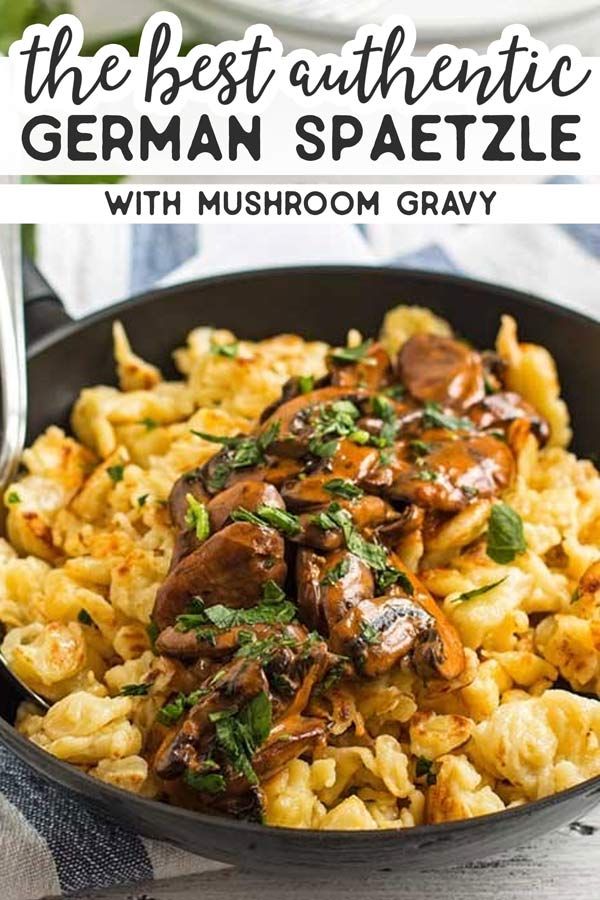 a skillet filled with pasta and mushrooms