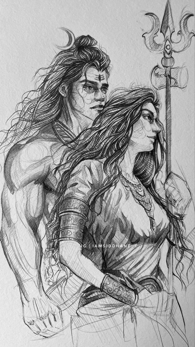 a pencil drawing of two women standing next to each other with swords in their hands