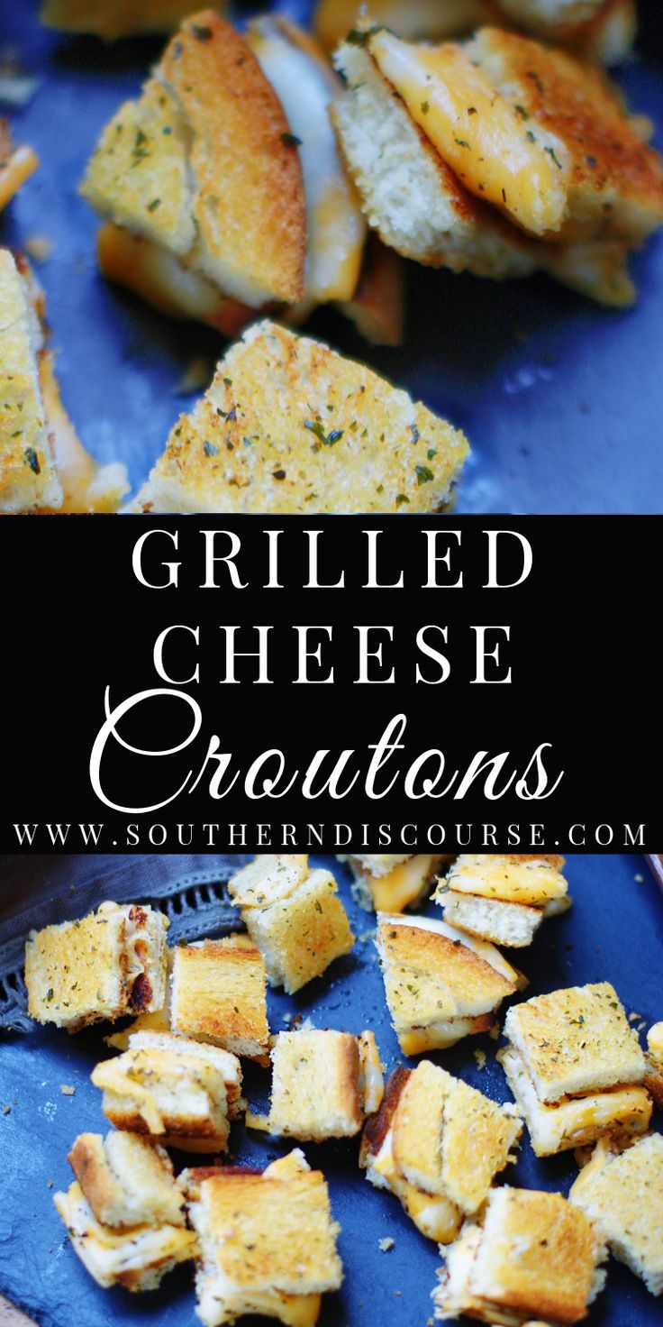 grilled cheese croutons on a blue plate with text overlay that reads grilled cheese croutons